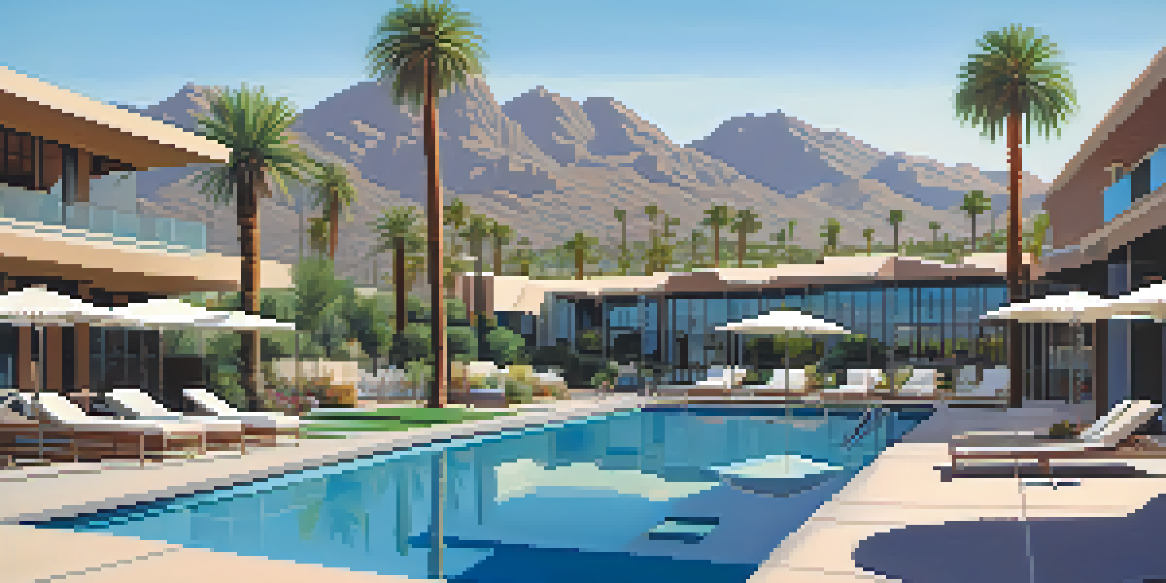 A stunning infinity pool at a Scottsdale resort with palm trees, mountains in the background, and cozy cabanas by the water.