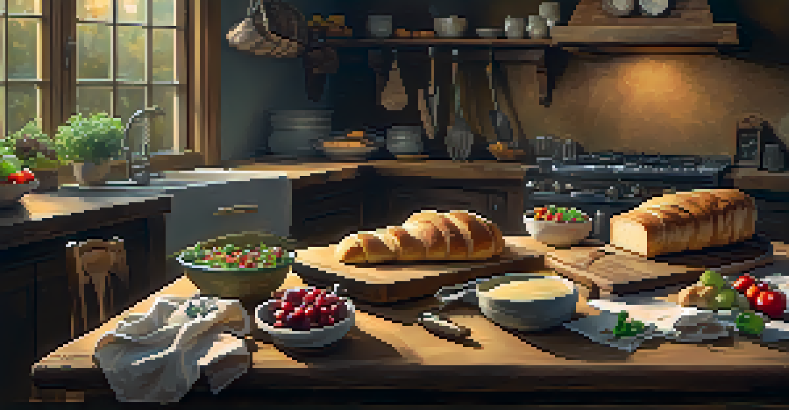 A rustic kitchen table beautifully arranged with fresh bread, cheese, and salad, evoking a warm and inviting cooking atmosphere.