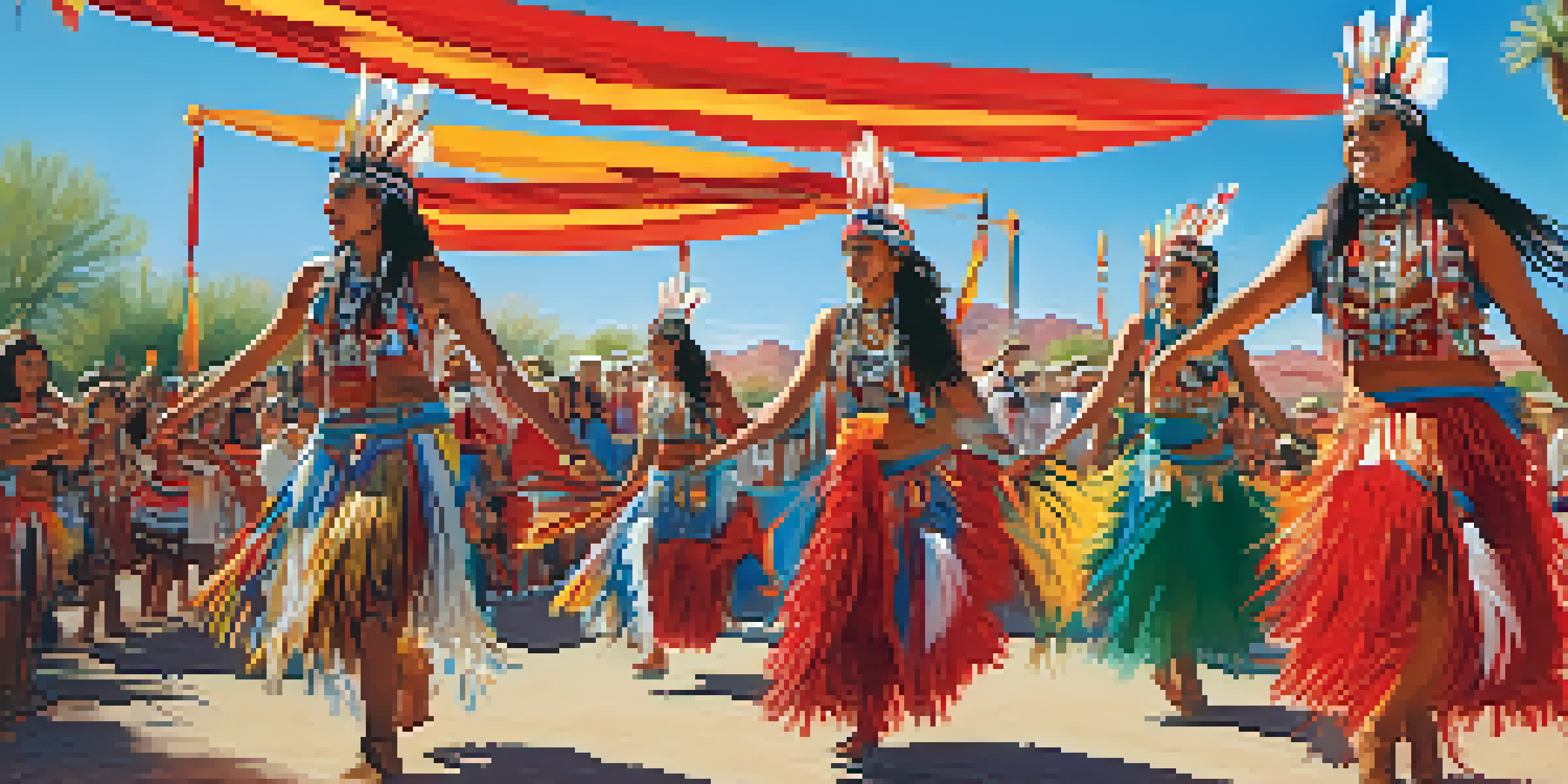 Dancers in traditional Native American costumes performing at the Scottsdale Native American Festival in a sunny desert park with an audience watching.