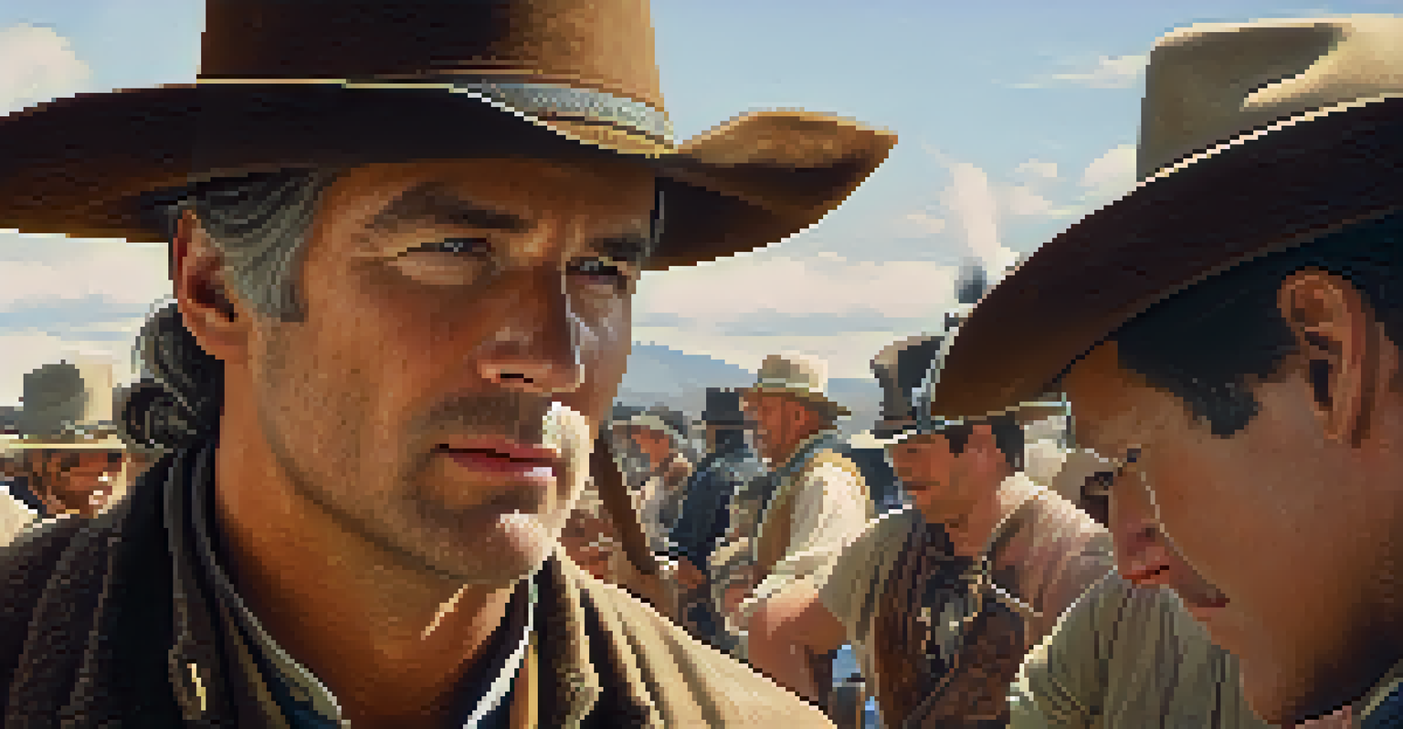 A reenactor adjusting a cowboy hat at a historical event, with spectators in the background.
