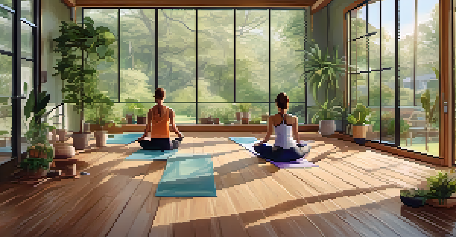 A group of people practicing yoga in a bright studio with views of a garden.