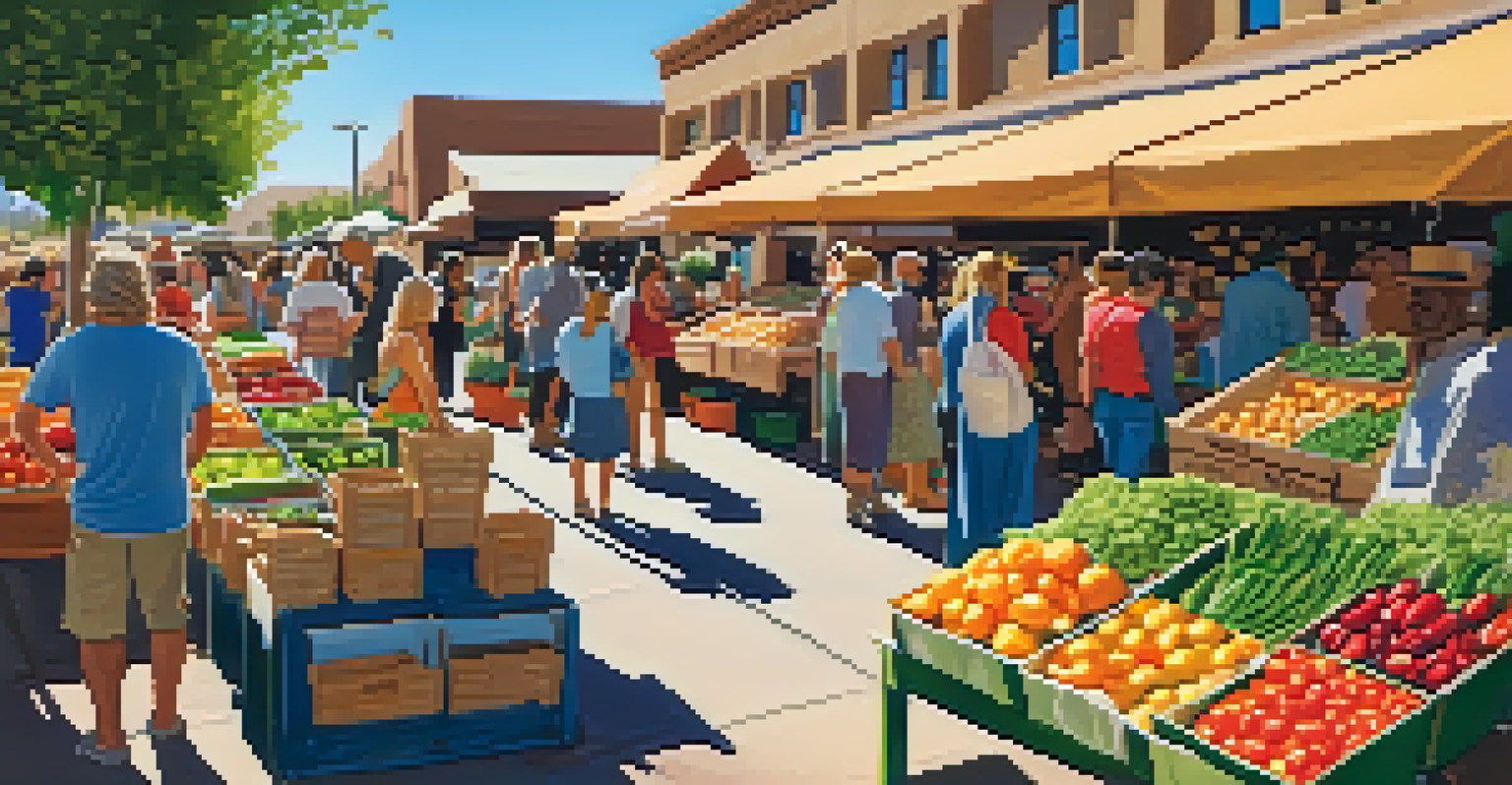 A farmers' market with vibrant stalls offering organic produce, seeds, and fertilizers, and shoppers interacting with vendors.