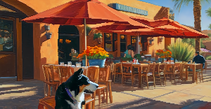 A person dining outdoors with their dog at a restaurant, surrounded by colorful flowers and delicious food.