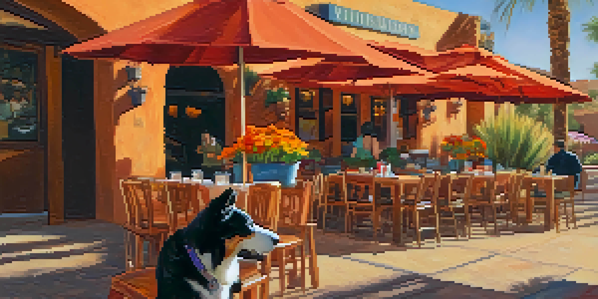 A person dining outdoors with their dog at a restaurant, surrounded by colorful flowers and delicious food.
