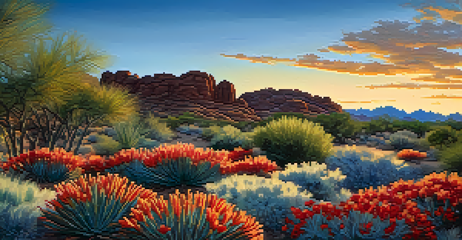 A colorful sunset scene in the Desert Botanical Garden with vibrant plants and a deep blue sky.