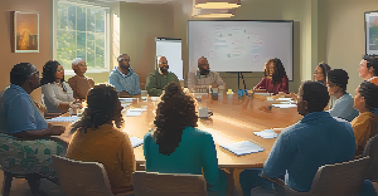 A support group meeting in a warmly lit room with diverse individuals sitting in a circle, sharing experiences, with soft lighting and positive affirmations on a whiteboard.