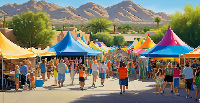 A lively community event featuring diverse residents at the Scottsdale Arts Festival, with colorful tents and artworks under a sunny sky.
