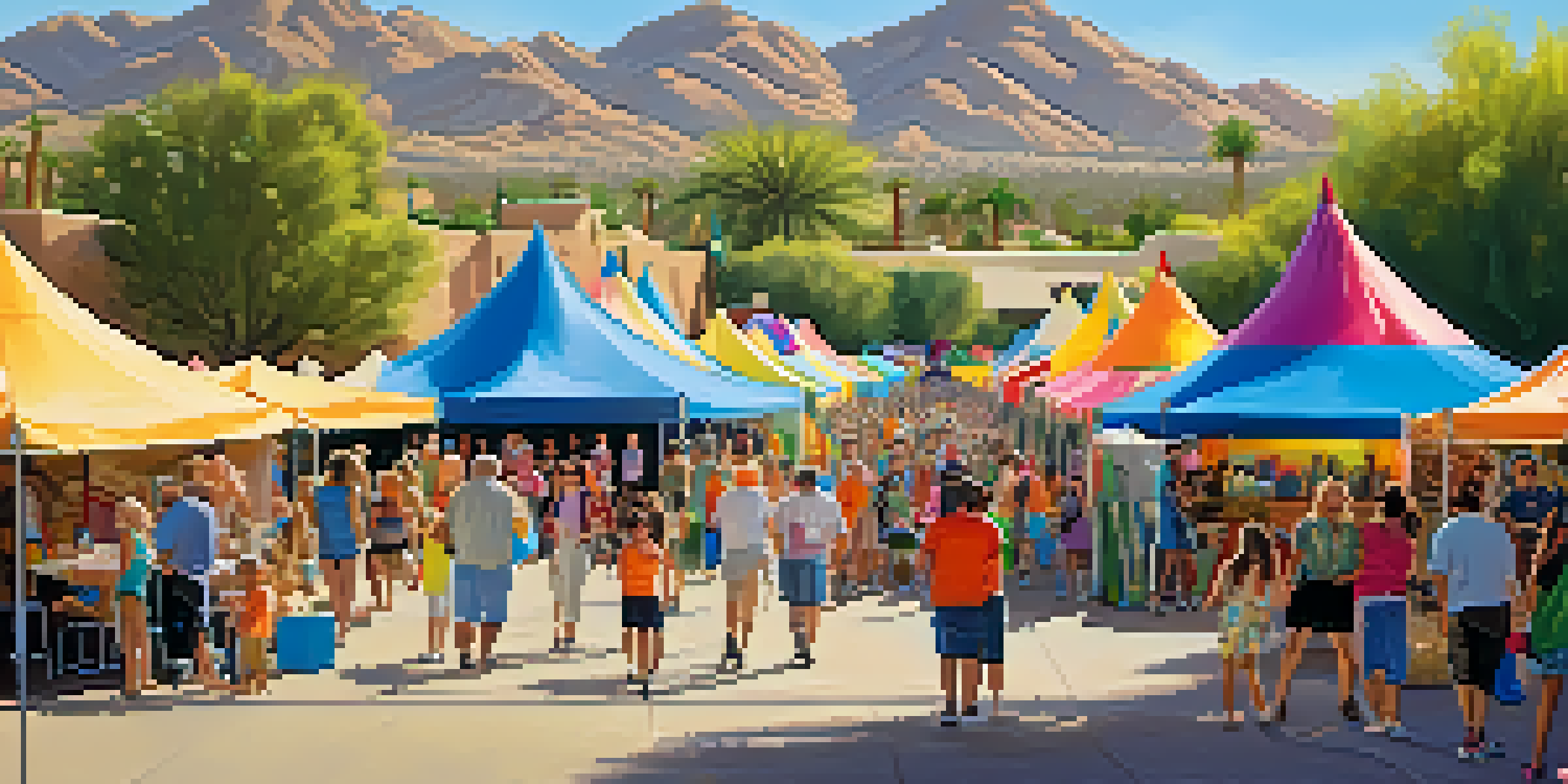 A lively community event featuring diverse residents at the Scottsdale Arts Festival, with colorful tents and artworks under a sunny sky.