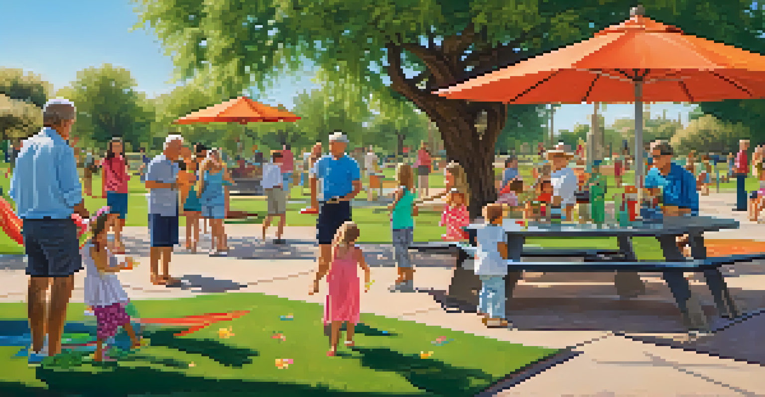 A multi-generational family enjoying a picnic in a park with children playing on the playground.