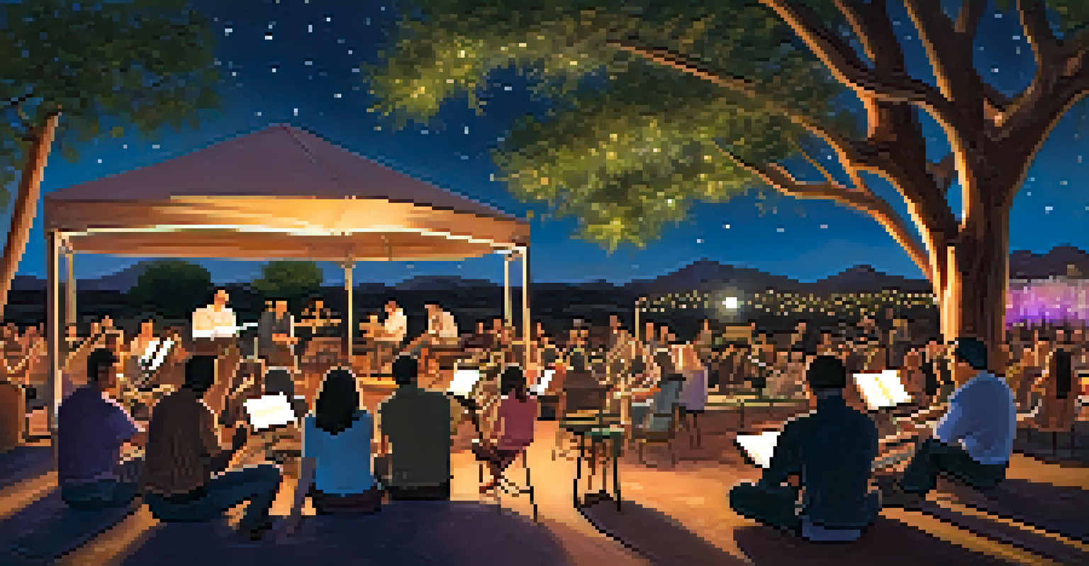 A cozy jazz festival at night in Scottsdale, with musicians performing under soft lights and attendees enjoying the music.
