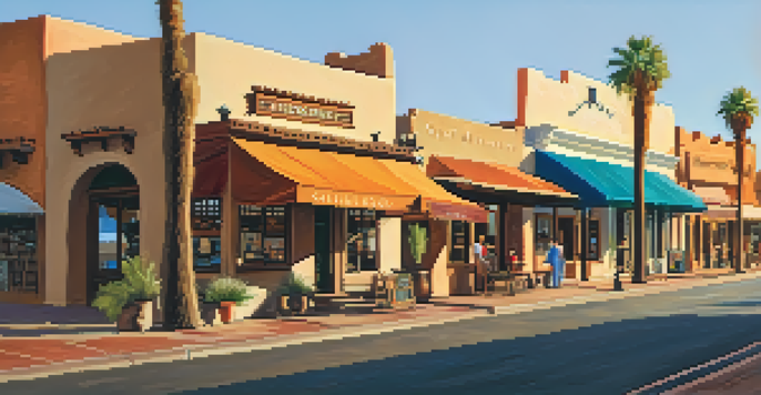 A scenic sunset view of Old Town Scottsdale, featuring adobe buildings and art galleries in warm golden light.