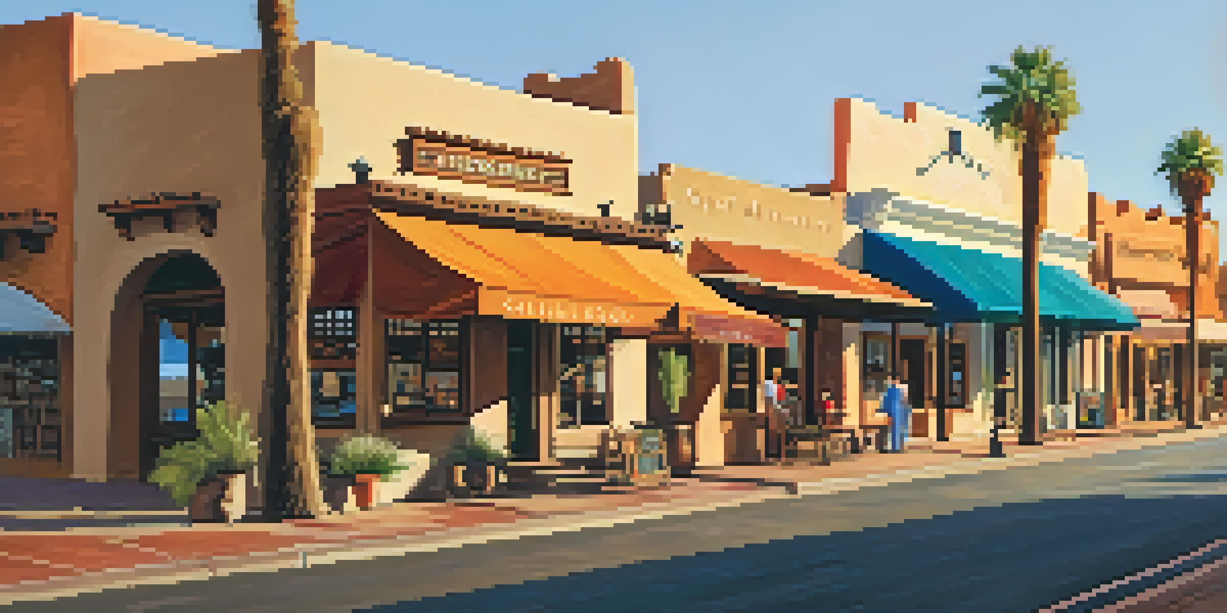 A scenic sunset view of Old Town Scottsdale, featuring adobe buildings and art galleries in warm golden light.