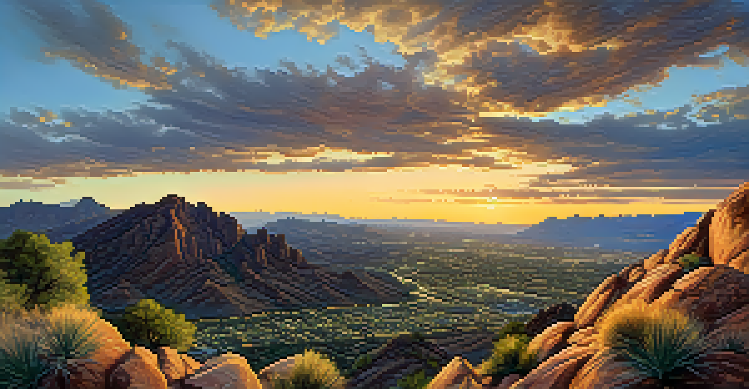 A stunning sunset view from Camelback Mountain overlooking the valley with golden light and dramatic clouds.