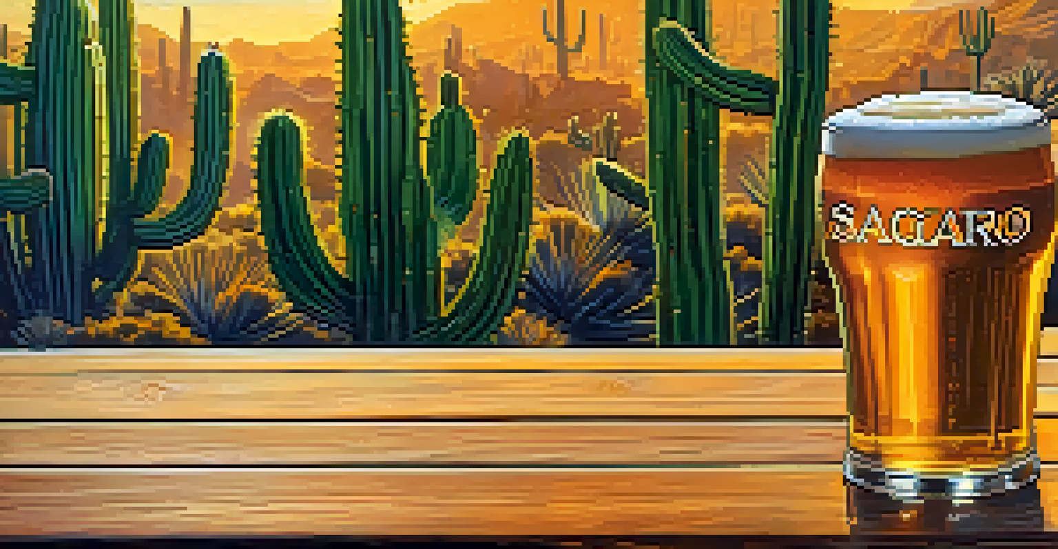 Close-up of a pint of Saguaro Cactus Pale Ale on a wooden table, highlighting the golden color and foamy head with cacti in the background.