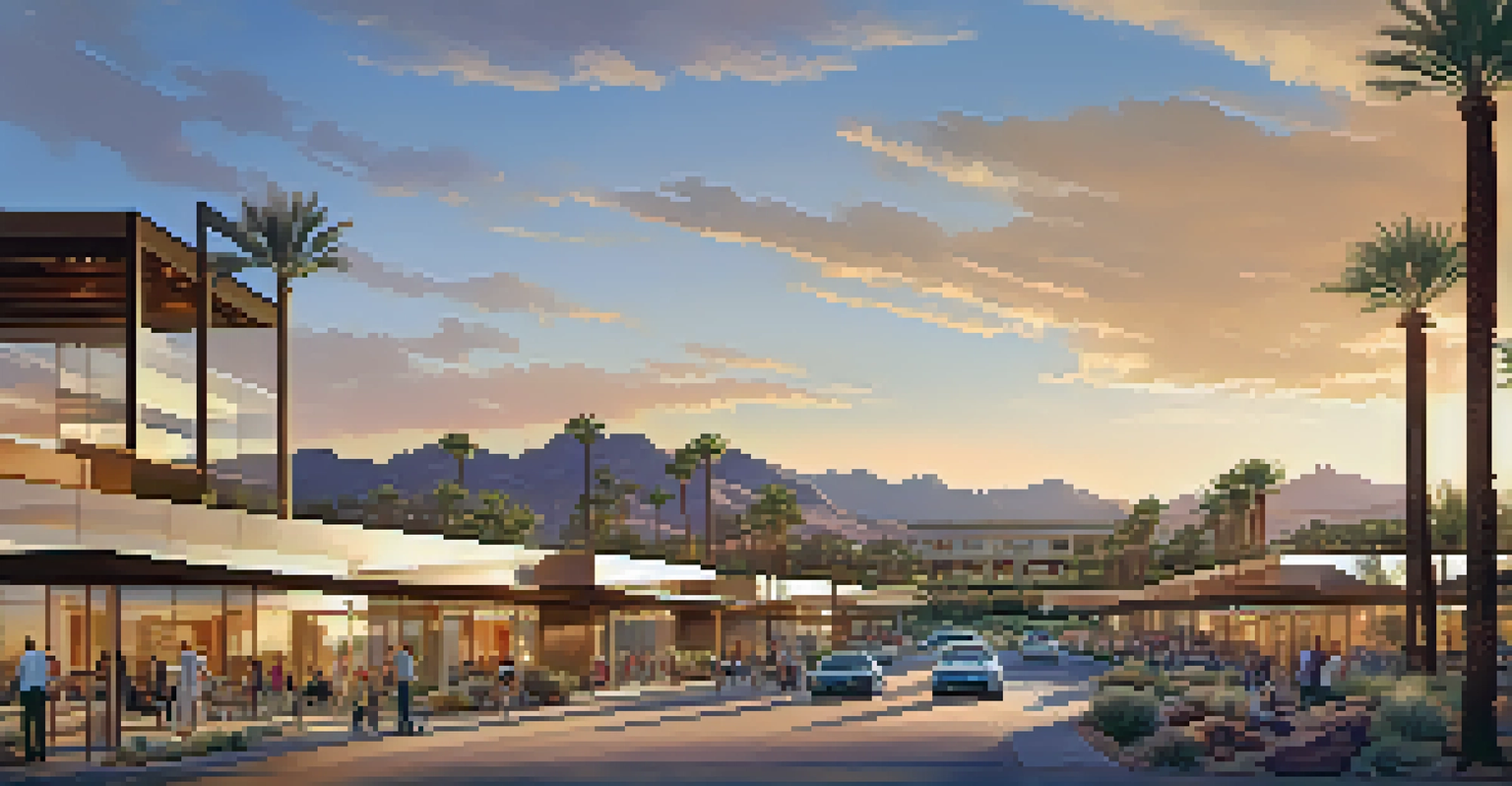 A modern view of Scottsdale featuring luxury resorts and golf courses under golden hour sunlight.