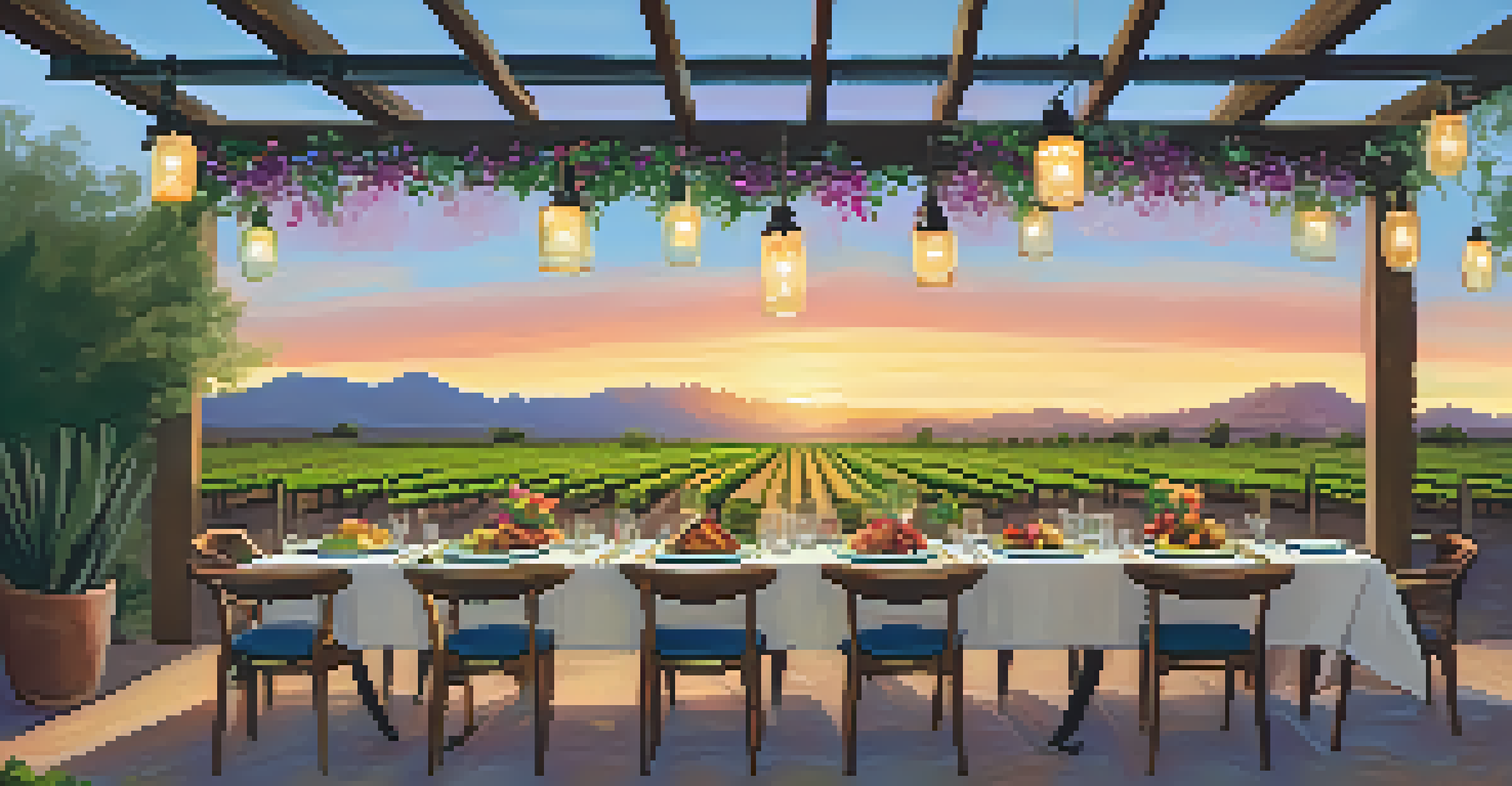 A beautifully set outdoor dining table at a winery with vineyards and a sunset in the background.