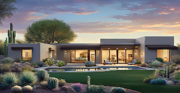 A contemporary home with a spacious backyard and sunset lighting in Scottsdale, Arizona.