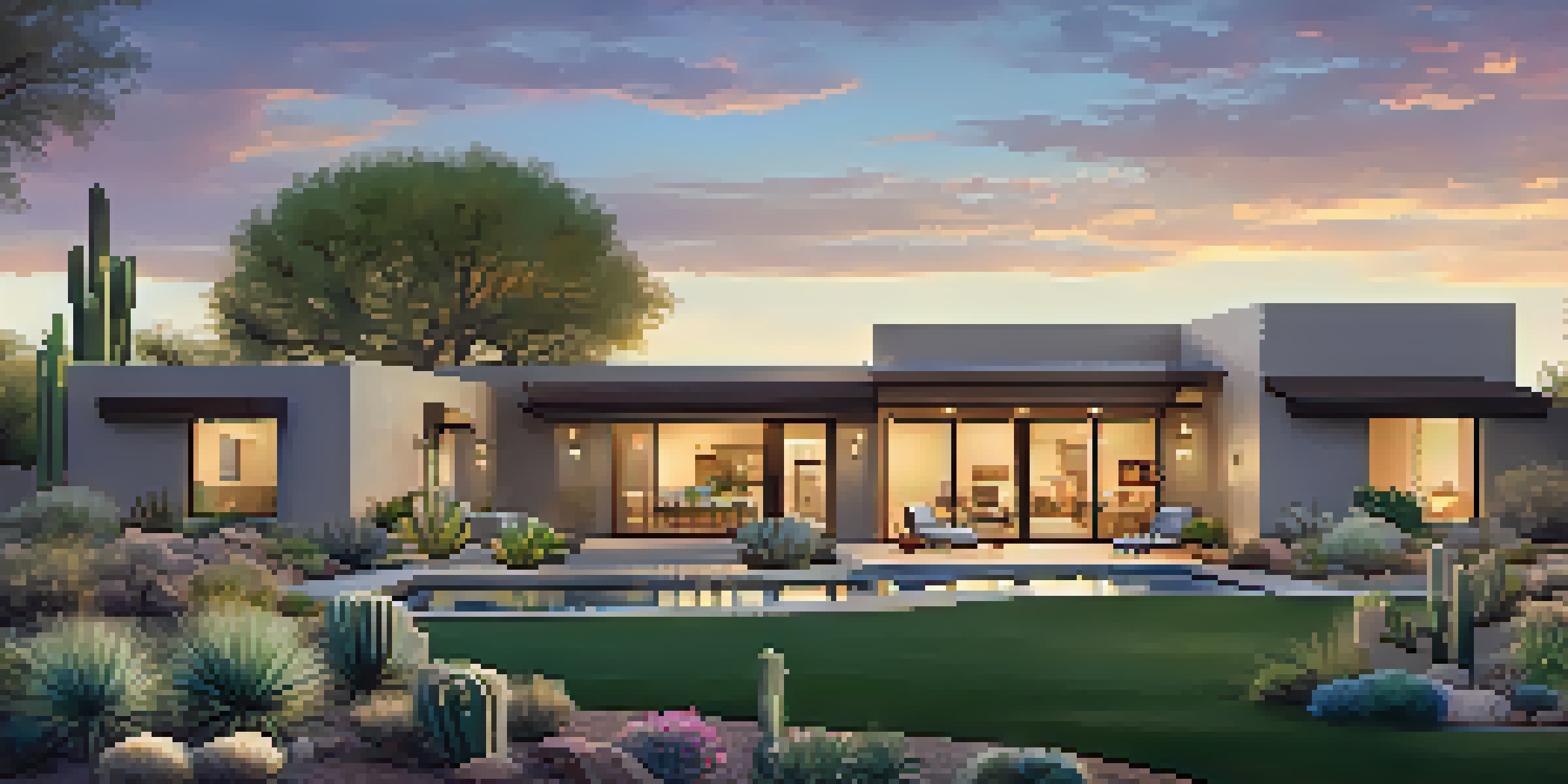 A contemporary home with a spacious backyard and sunset lighting in Scottsdale, Arizona.