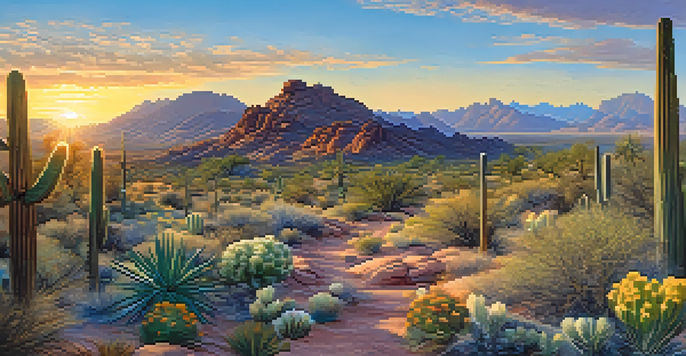 A scenic view of a hiking trail in Scottsdale at sunrise, with cacti and wildflowers in the foreground and mountains in the background.