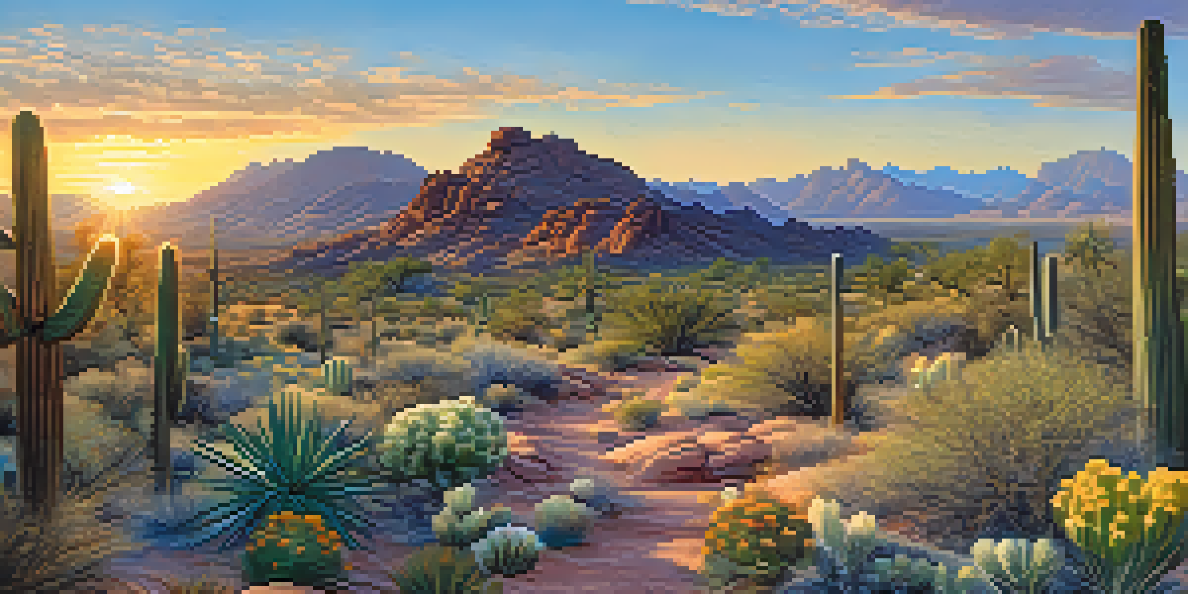 A scenic view of a hiking trail in Scottsdale at sunrise, with cacti and wildflowers in the foreground and mountains in the background.