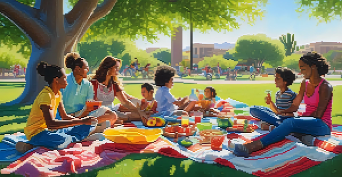 A family enjoying a picnic on a blanket in a green park, with children playing on a playground in the background.