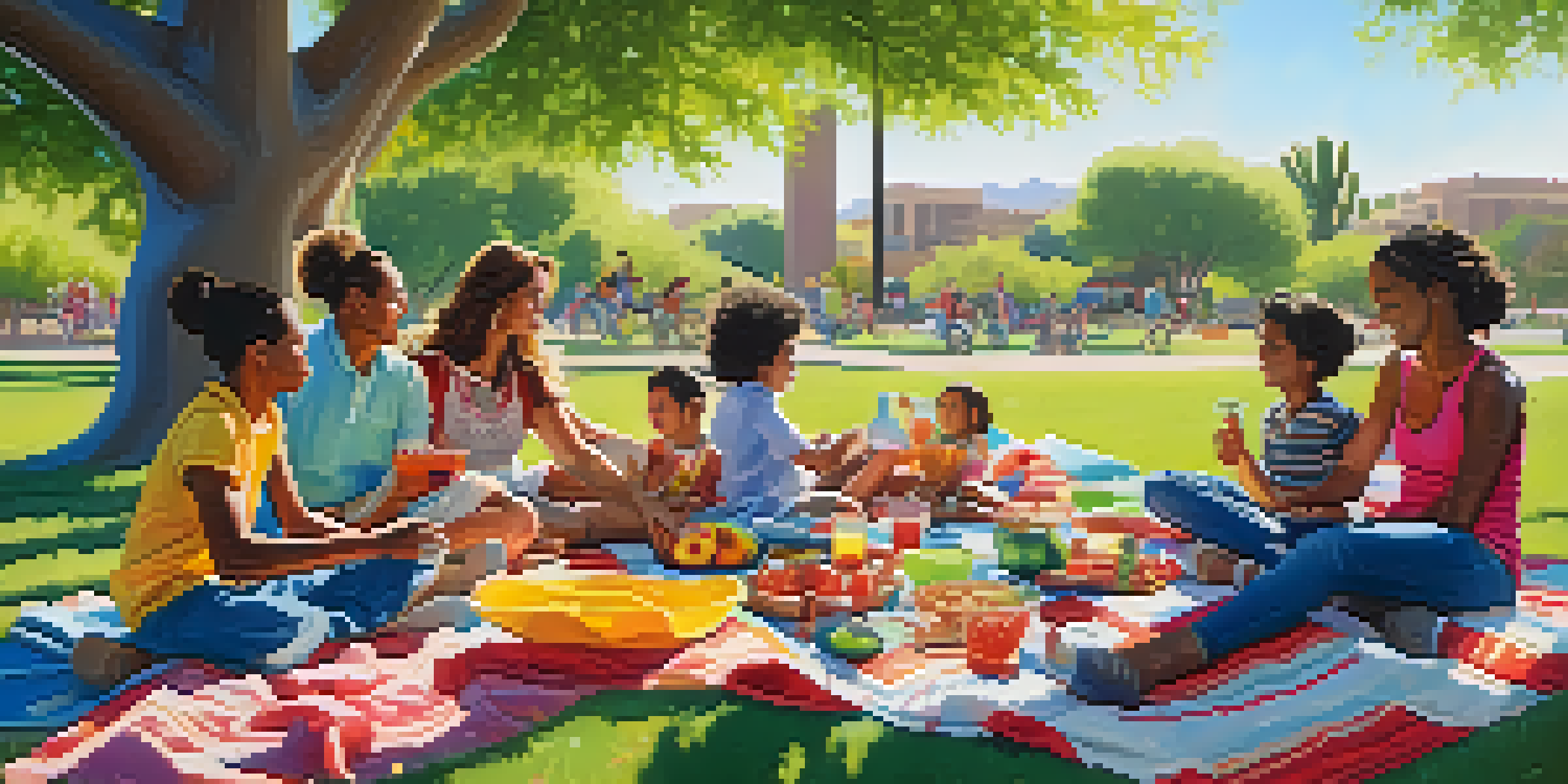 A family enjoying a picnic on a blanket in a green park, with children playing on a playground in the background.