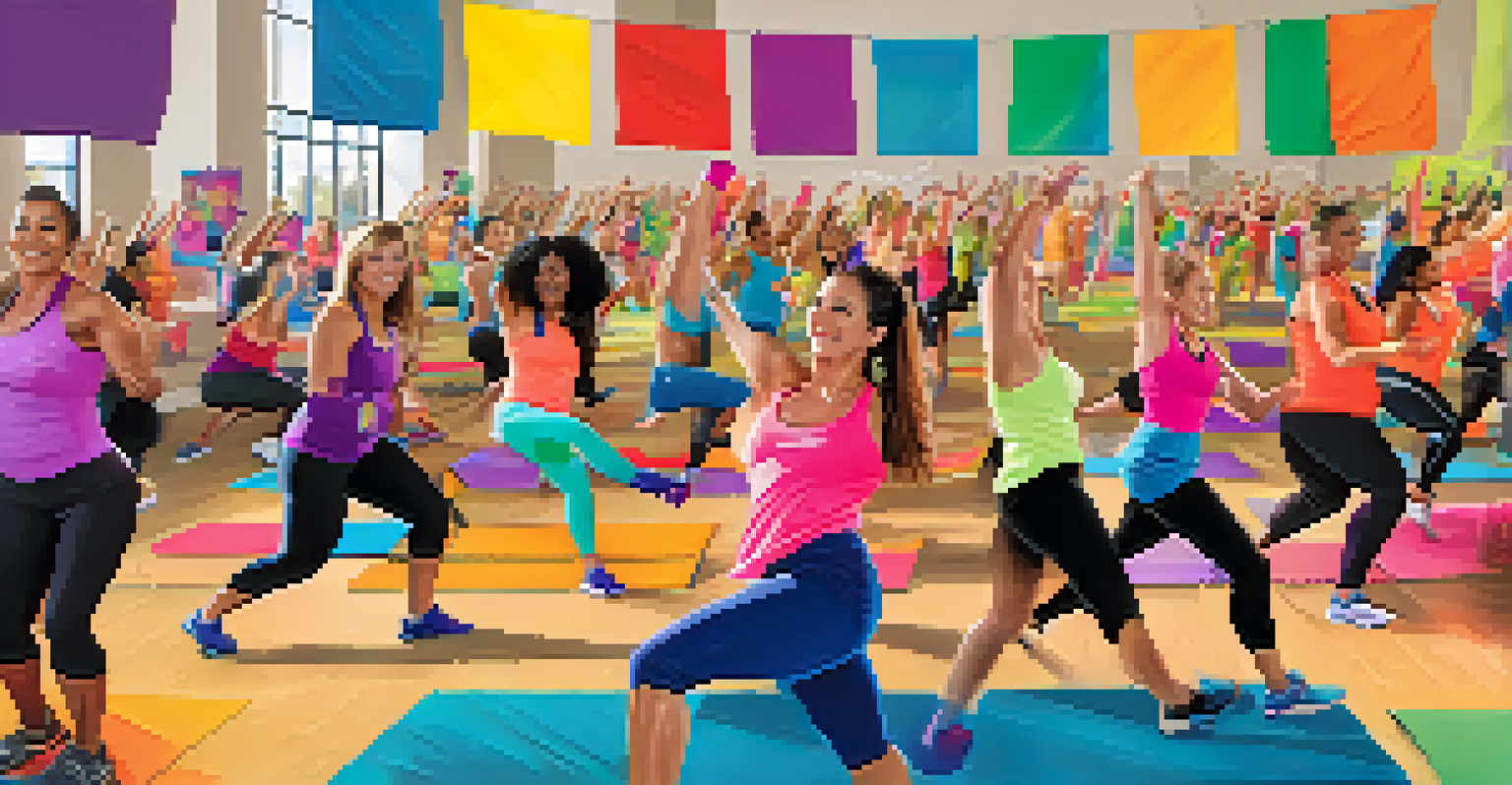 Energetic Zumba class at a fitness fair, featuring diverse participants in colorful workout clothes and an enthusiastic instructor leading the session.