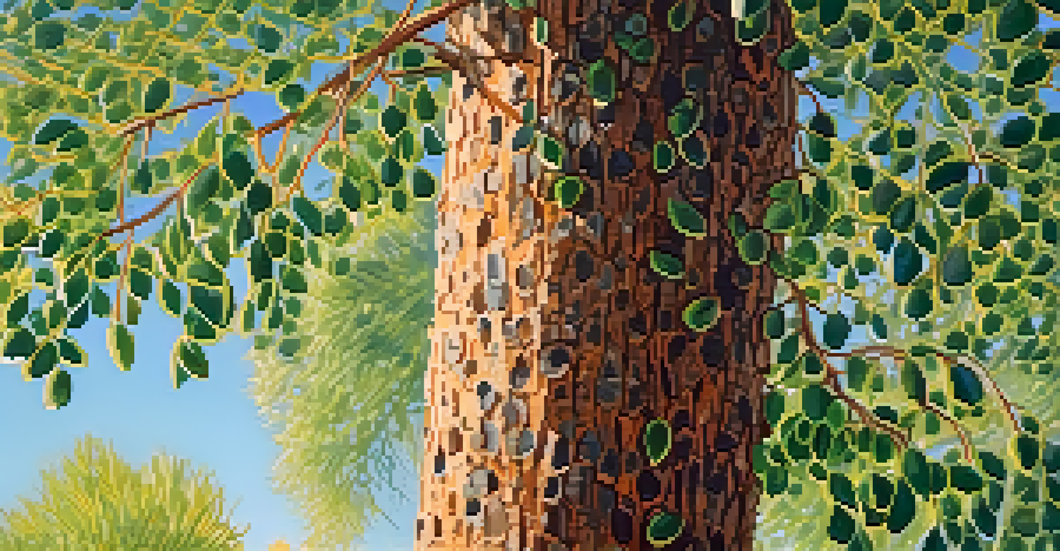 A close-up of a native tree with textured bark and dewdrops on leaves, set against a blue sky.