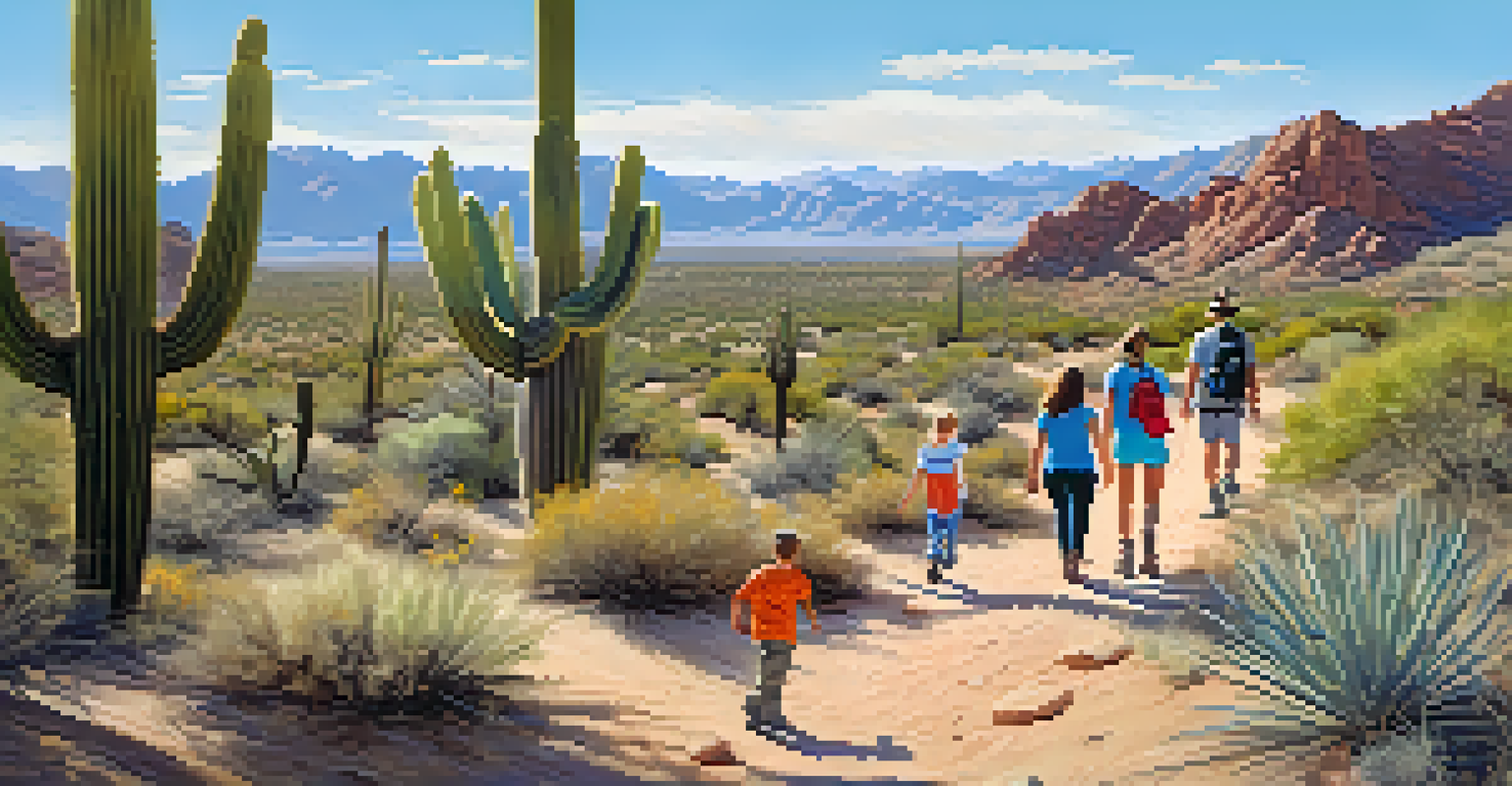 A family hiking on a desert trail, surrounded by colorful wildflowers and cacti.
