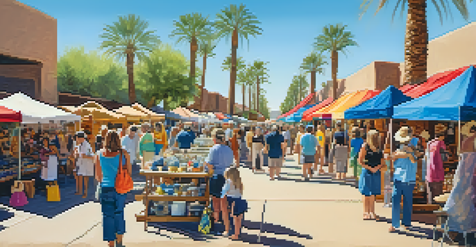 An outdoor artisan market in Scottsdale, featuring colorful booths, local artisans, and families enjoying the event.