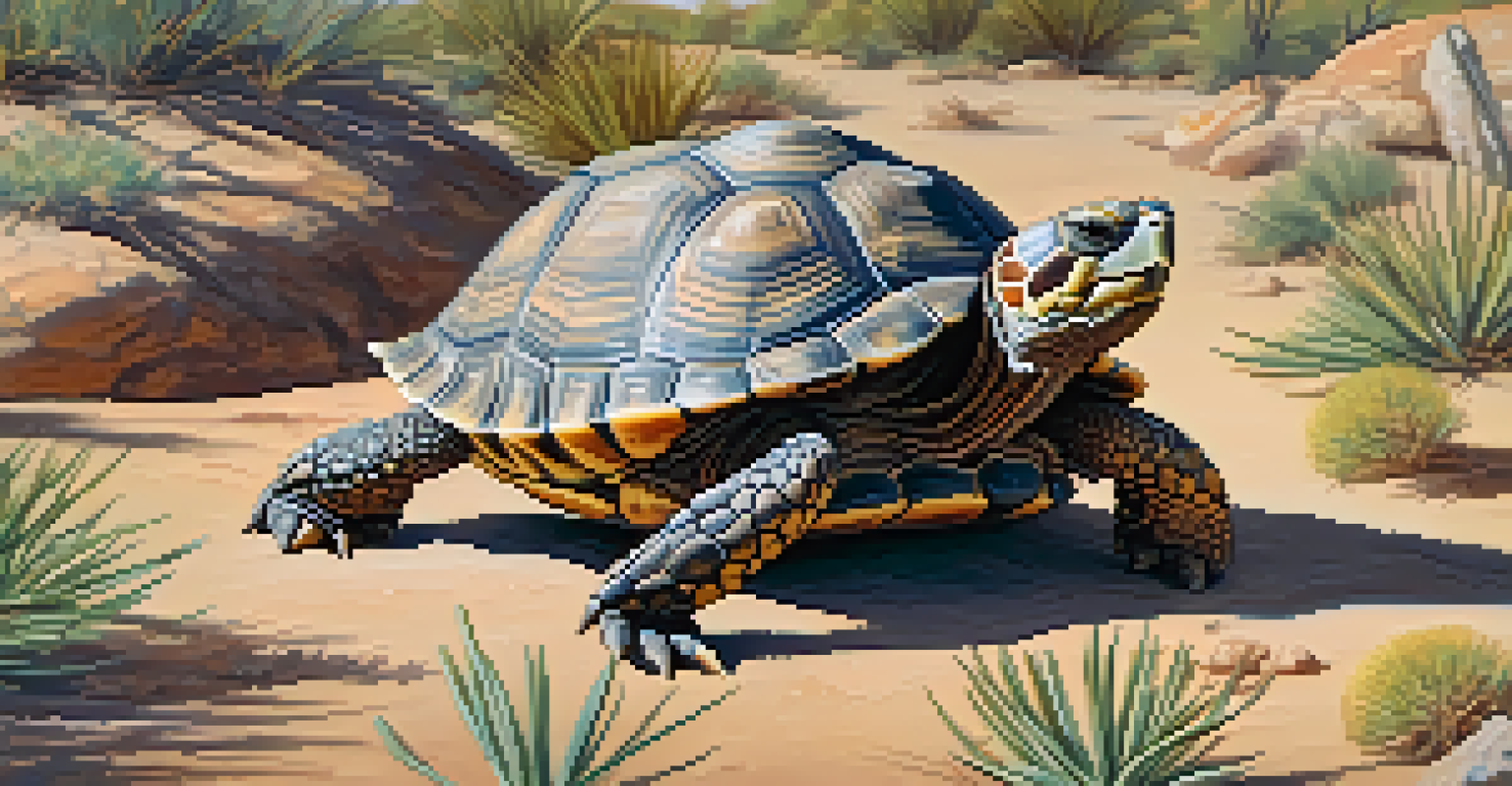 A native desert tortoise in its rocky habitat, showcasing its textured shell.