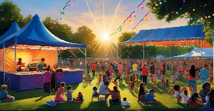 A lively outdoor concert with families, food trucks, and children dancing on the grass under a colorful sunset.