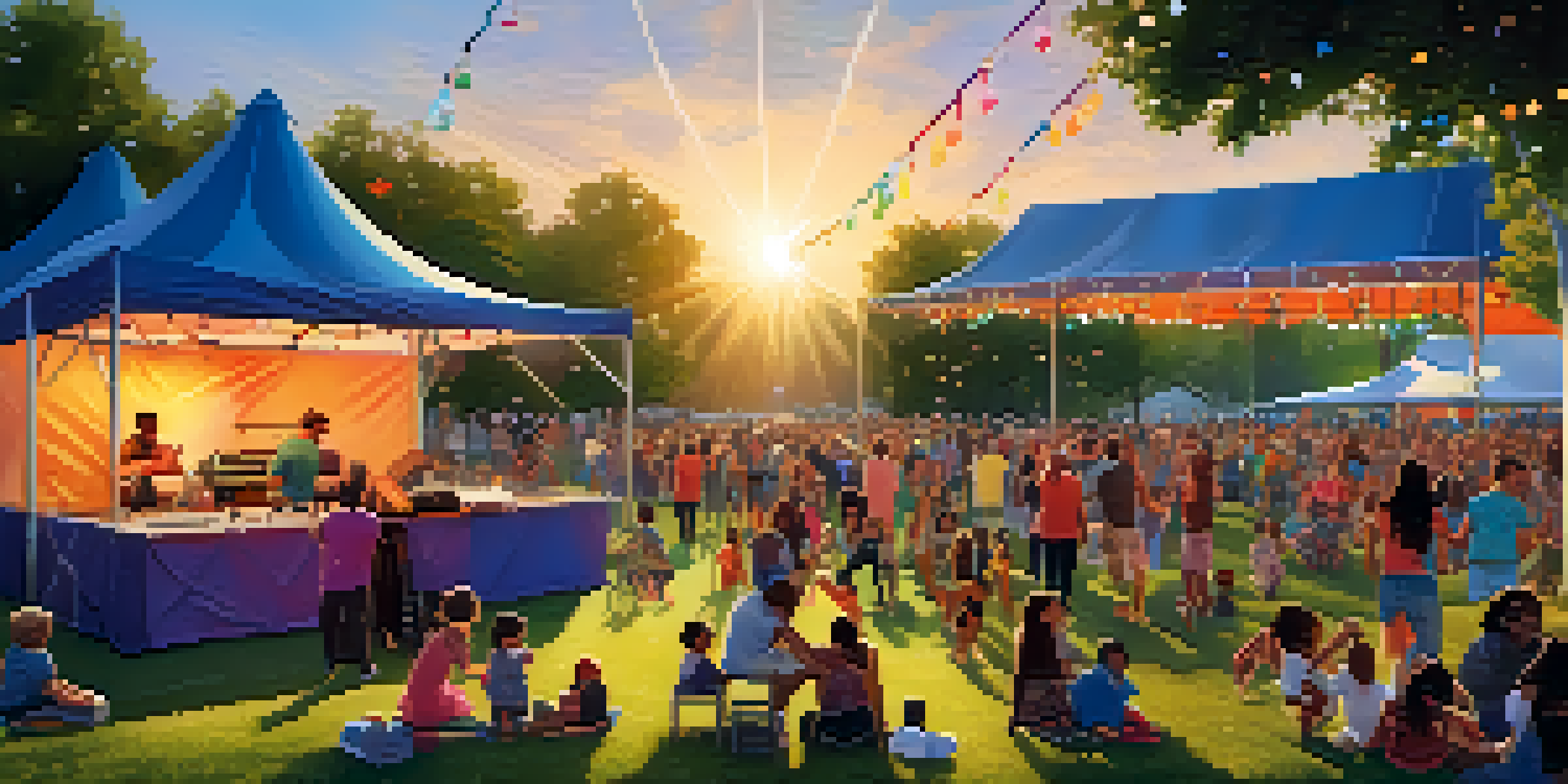 A lively outdoor concert with families, food trucks, and children dancing on the grass under a colorful sunset.