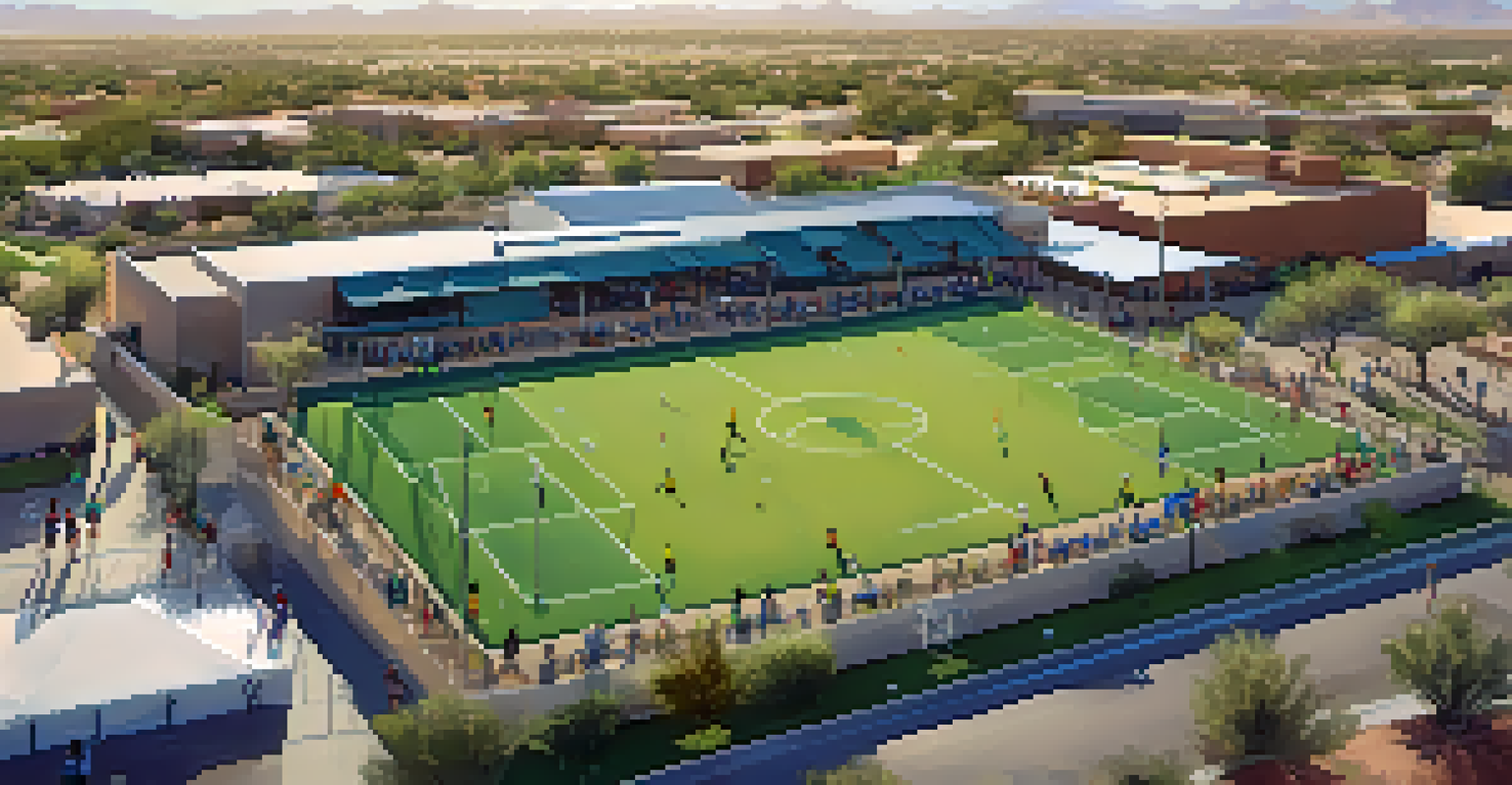 Aerial view of a youth sports complex in Scottsdale, featuring children playing soccer, baseball, and basketball.