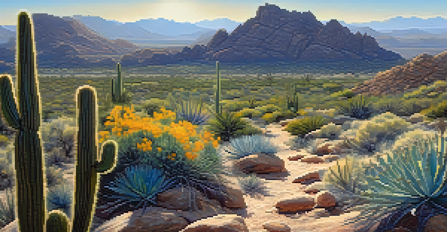 A beautiful hiking trail in a desert landscape with cacti, wildflowers, and mountains under a clear blue sky.