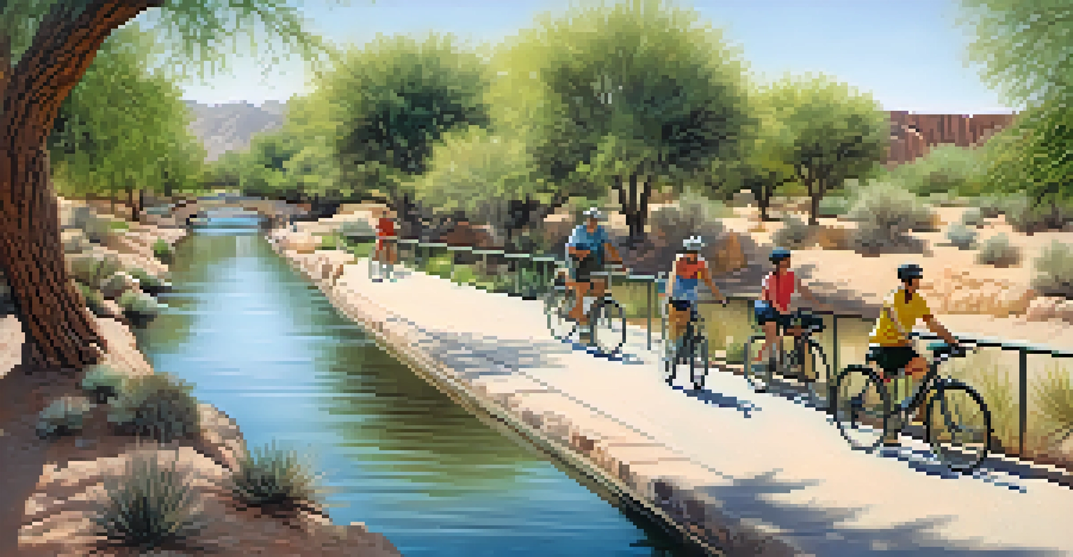 An aerial view of the Arizona Canal with lush greenery and pathways, showcasing the contrast between water and desert landscape.
