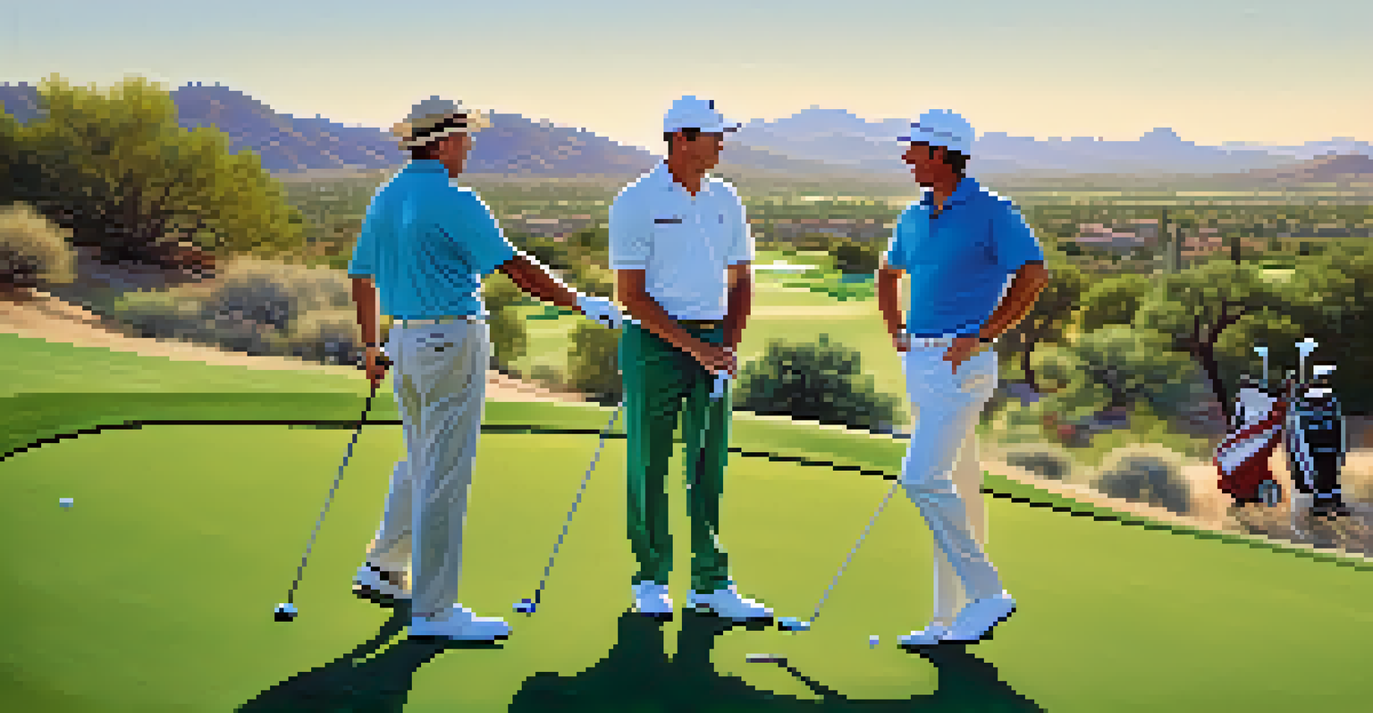 Four golfers engaging in conversation on a golf course tee box, surrounded by scenic hills and greenery.