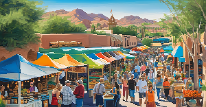 A bustling artisan market at Scottsdale Waterfront with colorful booths, handmade pottery, and people enjoying the sunny day.