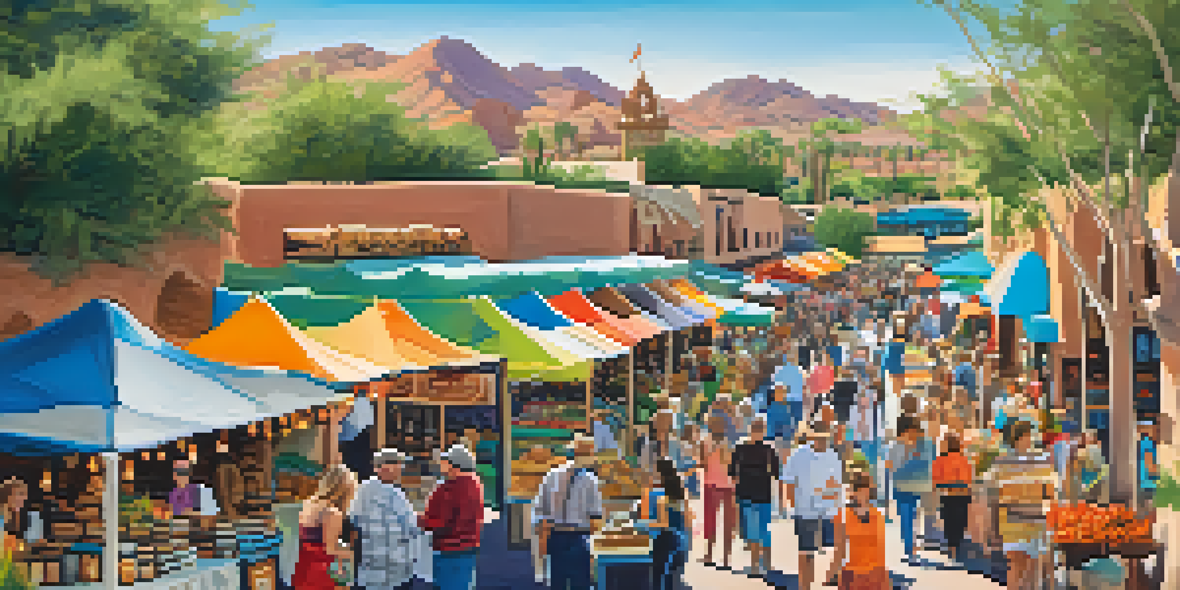 A bustling artisan market at Scottsdale Waterfront with colorful booths, handmade pottery, and people enjoying the sunny day.