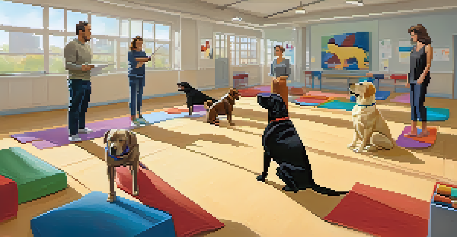 A dog training class indoors with various dogs and their owners actively participating.