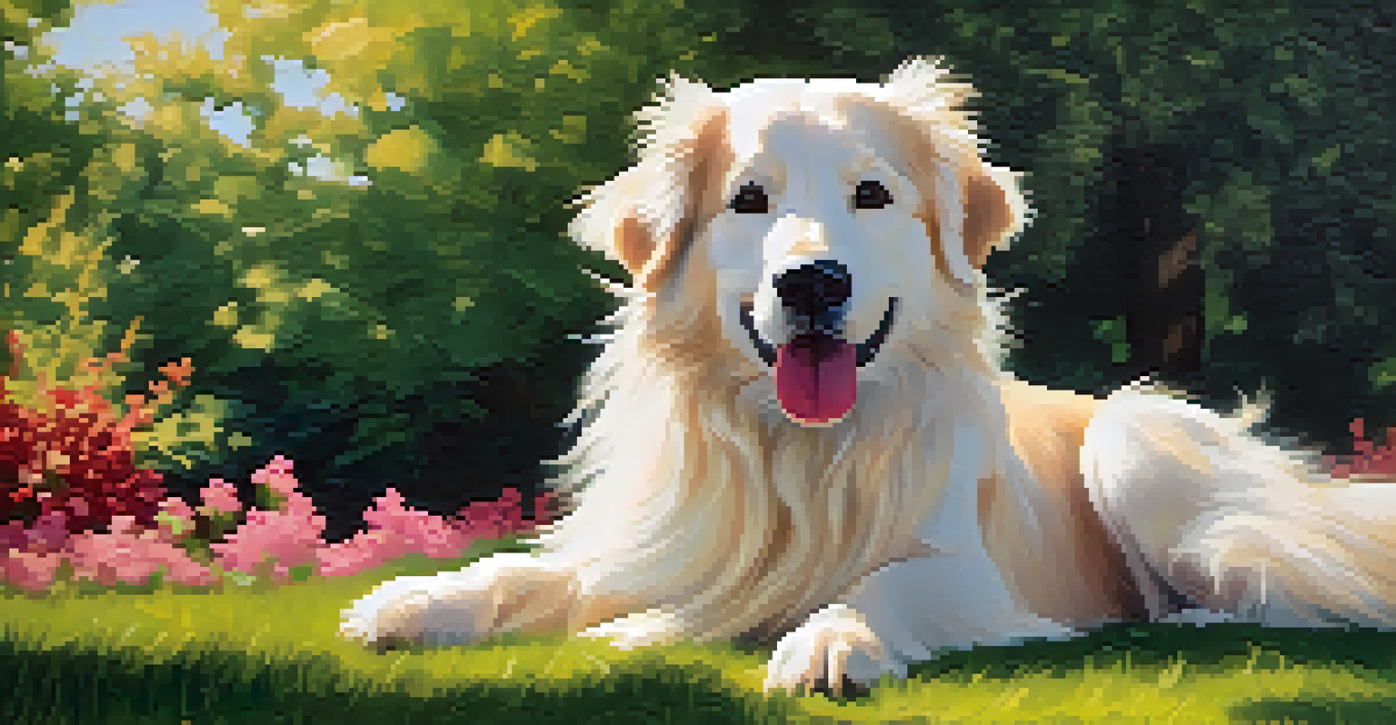 A happy dog with a fresh groom playing in a park with vibrant flowers and trees around it.