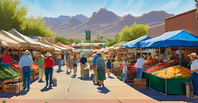 A busy farmers market filled with fresh fruits and vegetables, vendors interacting with customers, and a clear blue sky in the background.