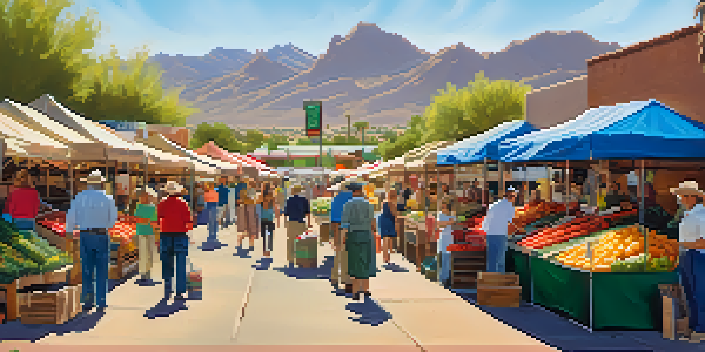 A busy farmers market filled with fresh fruits and vegetables, vendors interacting with customers, and a clear blue sky in the background.