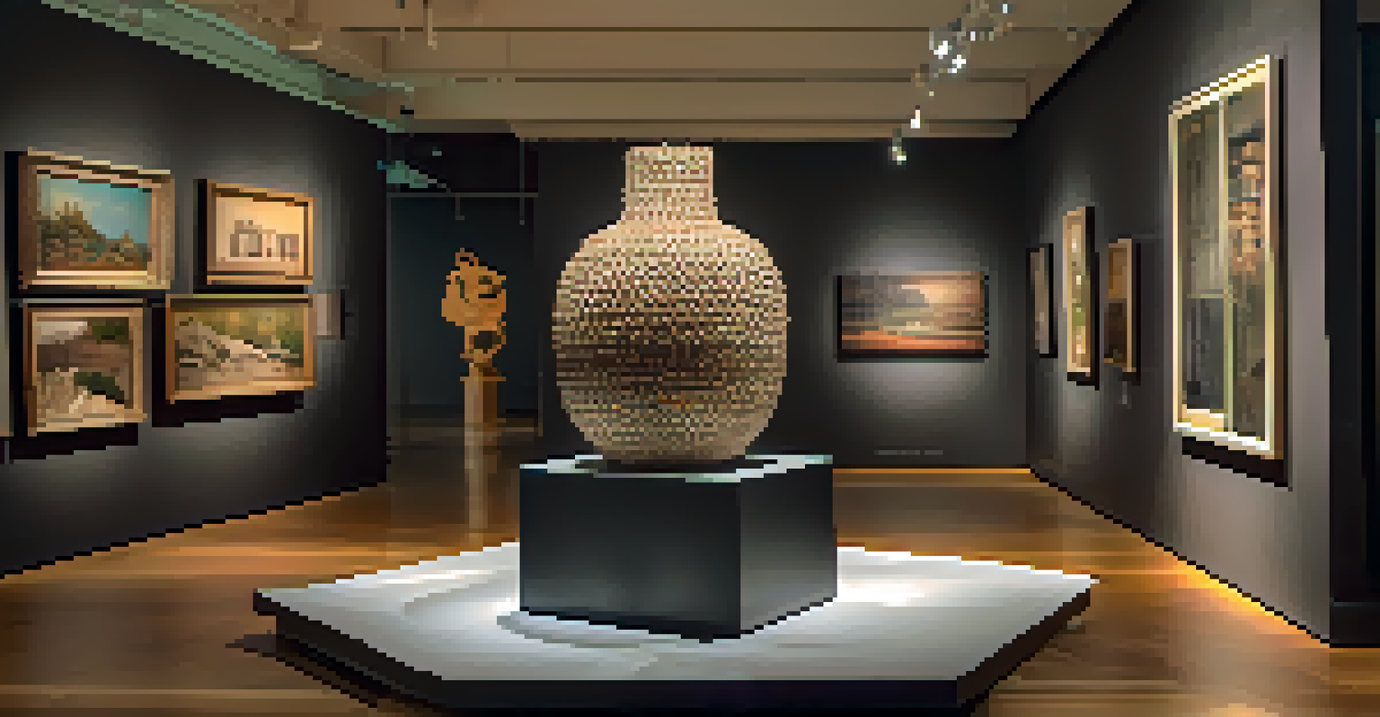 A gallery displaying a sculpture made from recycled materials, with soft lighting emphasizing its details and visitors in the background.