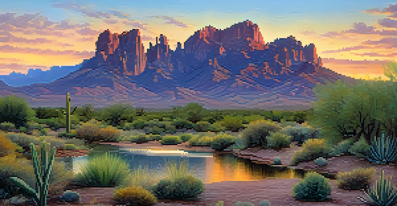 A sunset view of the Superstition Mountains with a mystical spring in the foreground, reflecting vibrant colors.