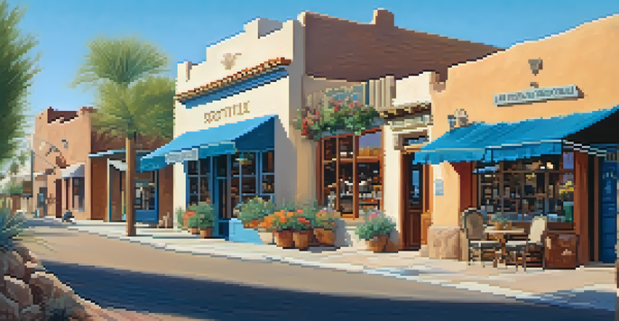 A picturesque street in Old Town Scottsdale featuring adobe buildings and local shops, enhanced by bright desert plants and clear blue skies.