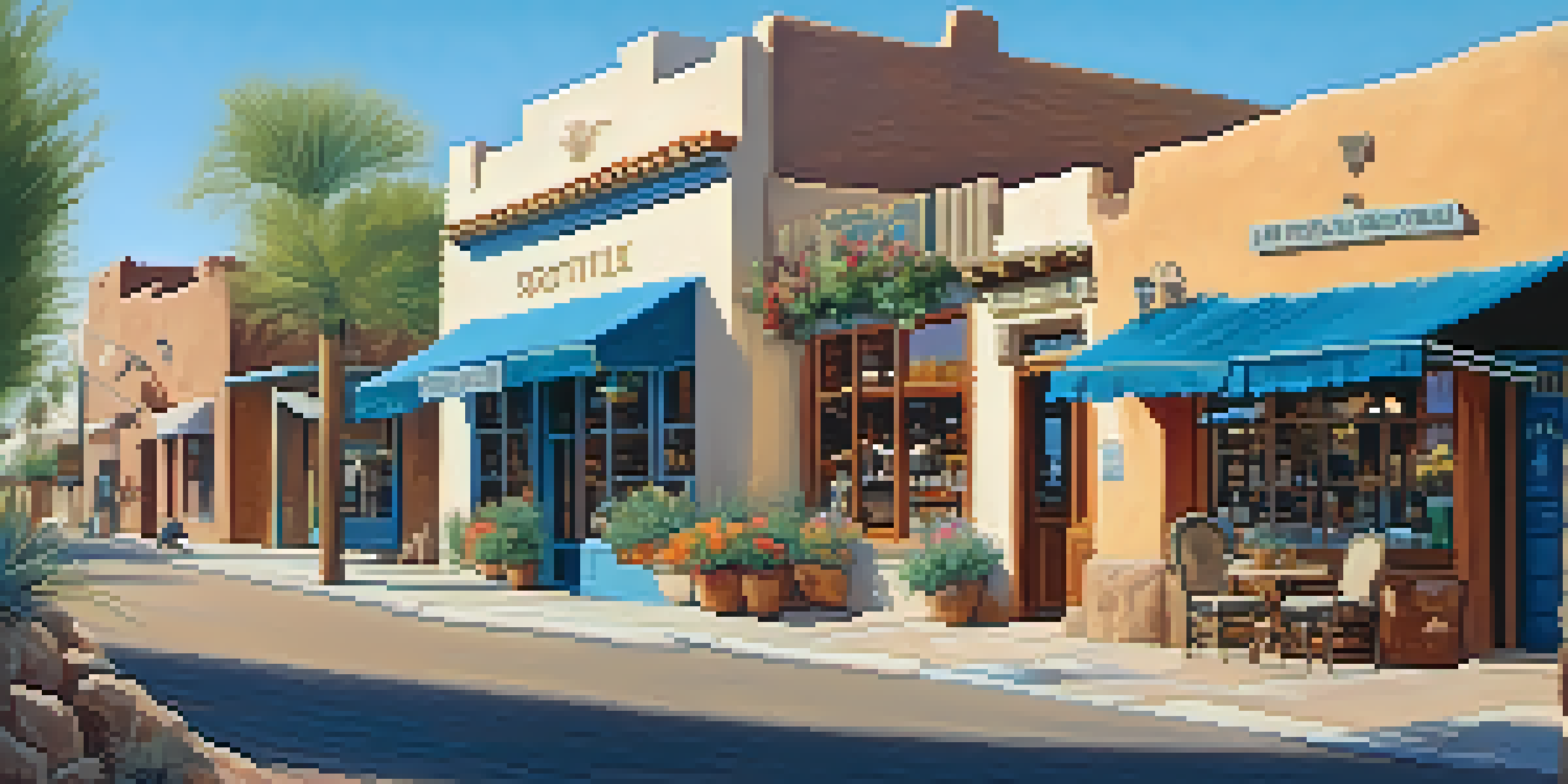 A picturesque street in Old Town Scottsdale featuring adobe buildings and local shops, enhanced by bright desert plants and clear blue skies.
