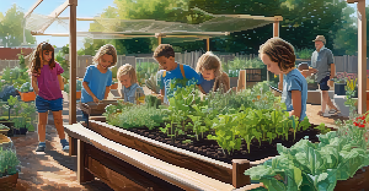 A close-up of a raised garden bed with herbs and vegetables, and children learning about gardening.