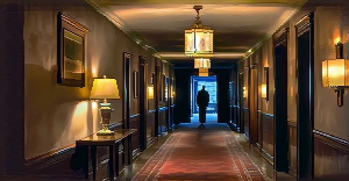 A ghostly figure in a dimly lit hallway of the Hotel Valley Ho, showcasing vintage decor and soft lighting.