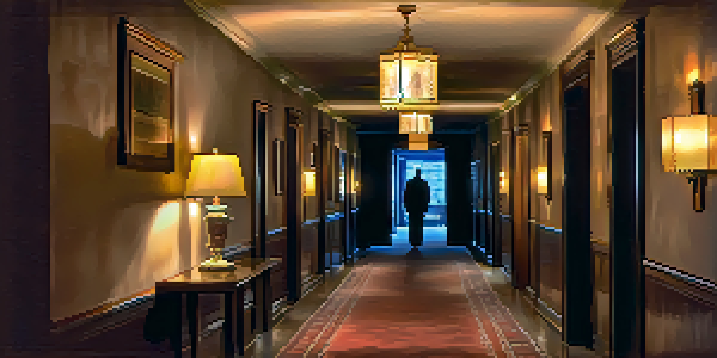A ghostly figure in a dimly lit hallway of the Hotel Valley Ho, showcasing vintage decor and soft lighting.